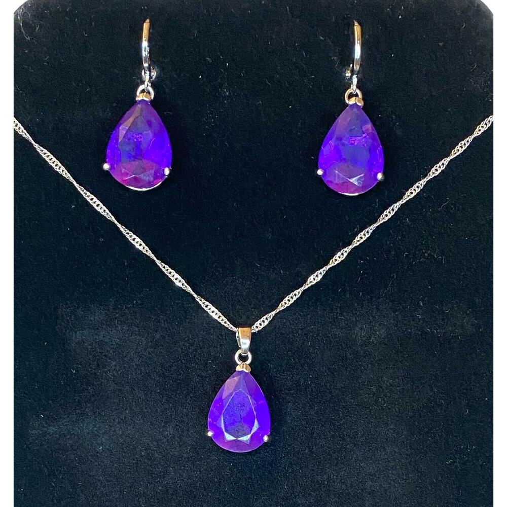 Silver Blue Topaz Crystal Rhinestone Gemstone Teardrop Necklace Earrings Set